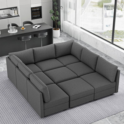 Canapé modulaire en lin sans accoudoirs 9 places, canapé convertible en forme de U avec rangement