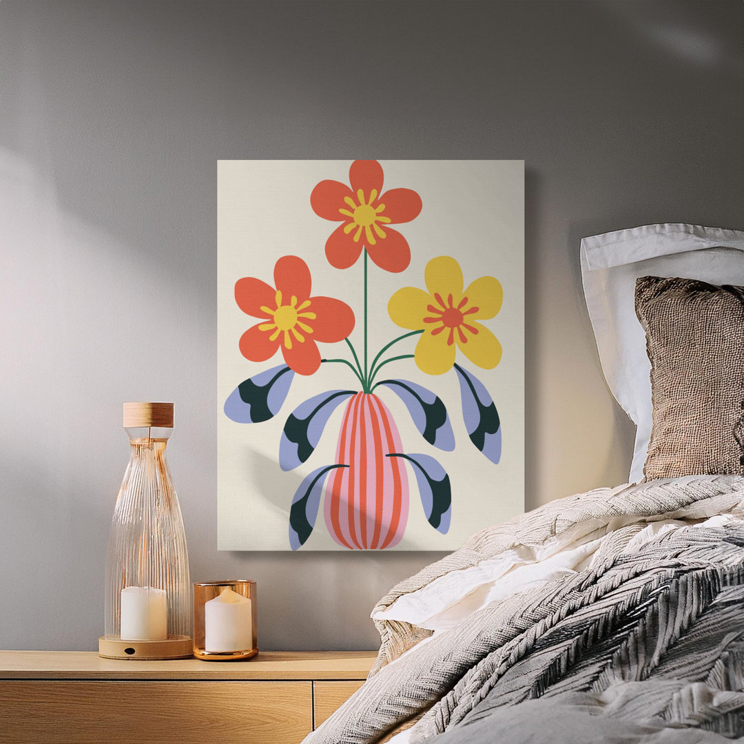 Retro Floral Canvas Art Print, Abstract Mid Century Modern Wall Decor for Living Room, Boho Home Decor, Vibrant Botanical Vase Canvas