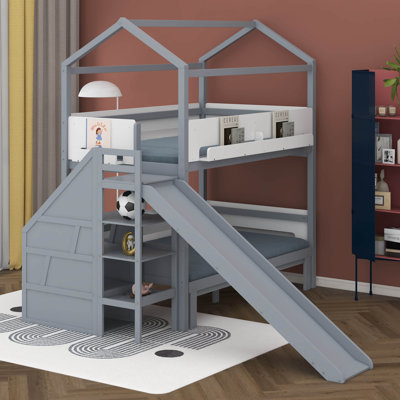 Lit superposé en bois en forme de maison avec glissière et escalier de rangement, cadre de lit superposé avec tablettes