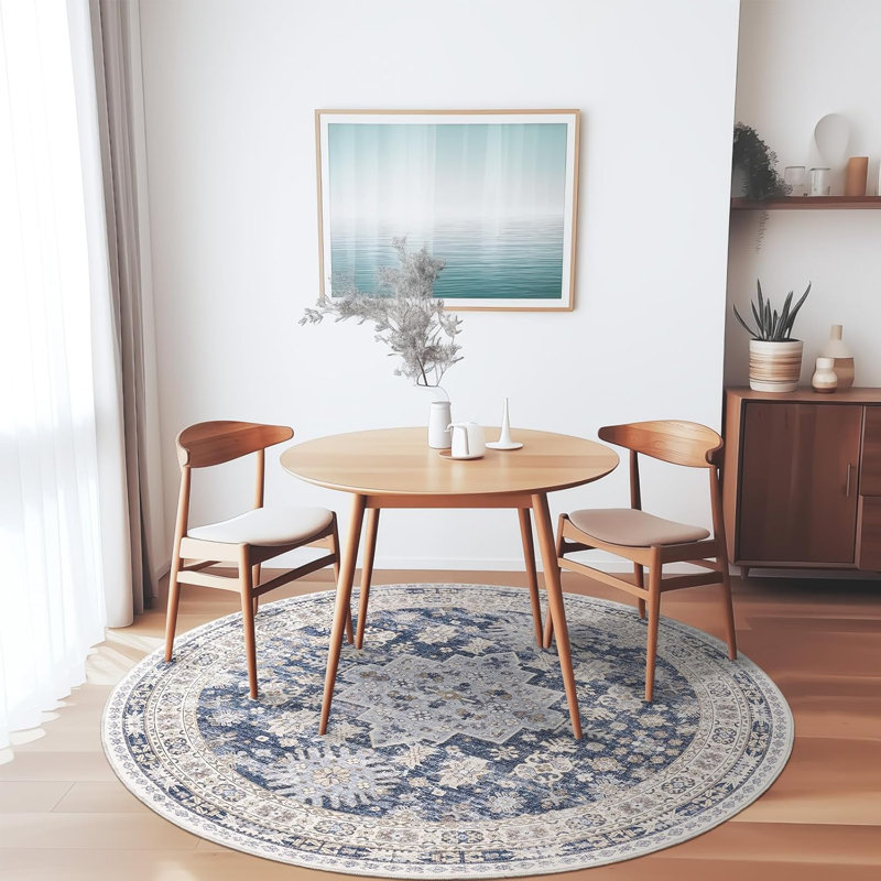 Tapis lavable antidérapant Medallion (bleu), Rond 9 pi