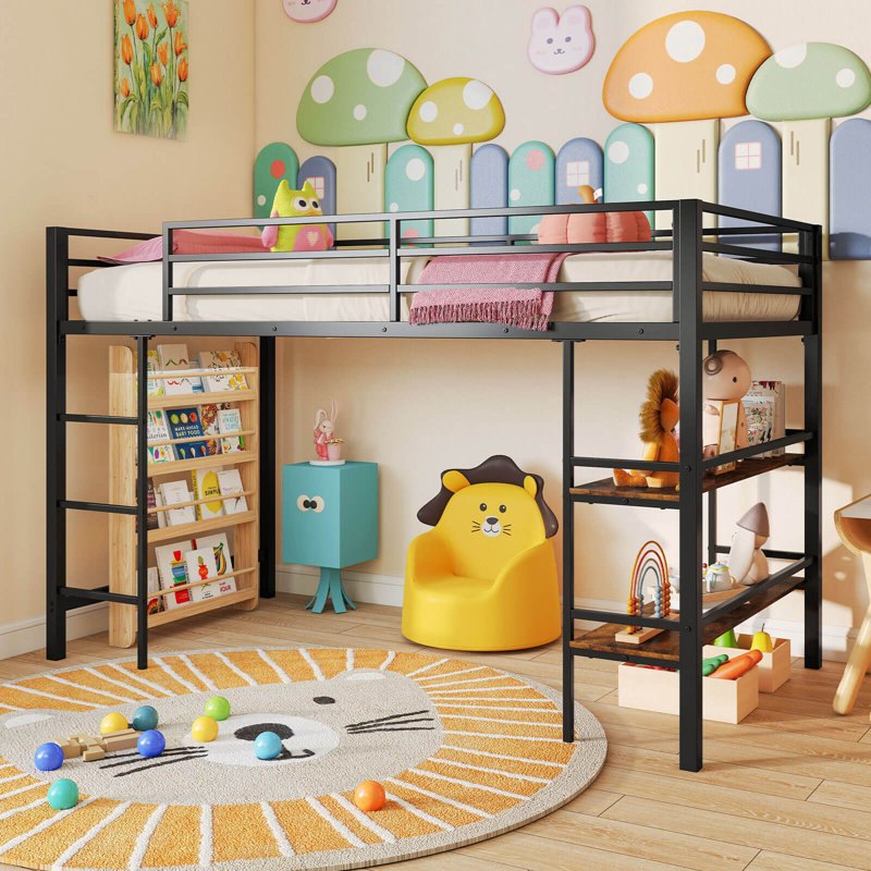 Twin Size Low Loft Bed with Storage Shelves Ladder Full-length Guardrails, Black