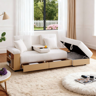 Clitheroe 84.65" Convertible sofa bed with Storage Ottoman, Hidden Drawers and 2 Cup Holders