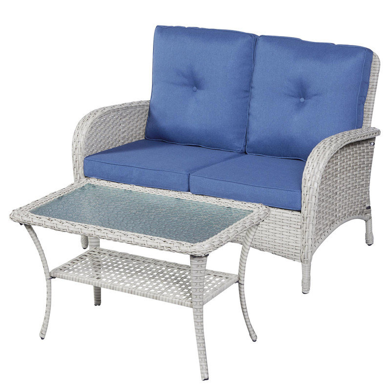 Wicker 6 - Person Patio Conversation Set with Cushions, Gray, Blue
