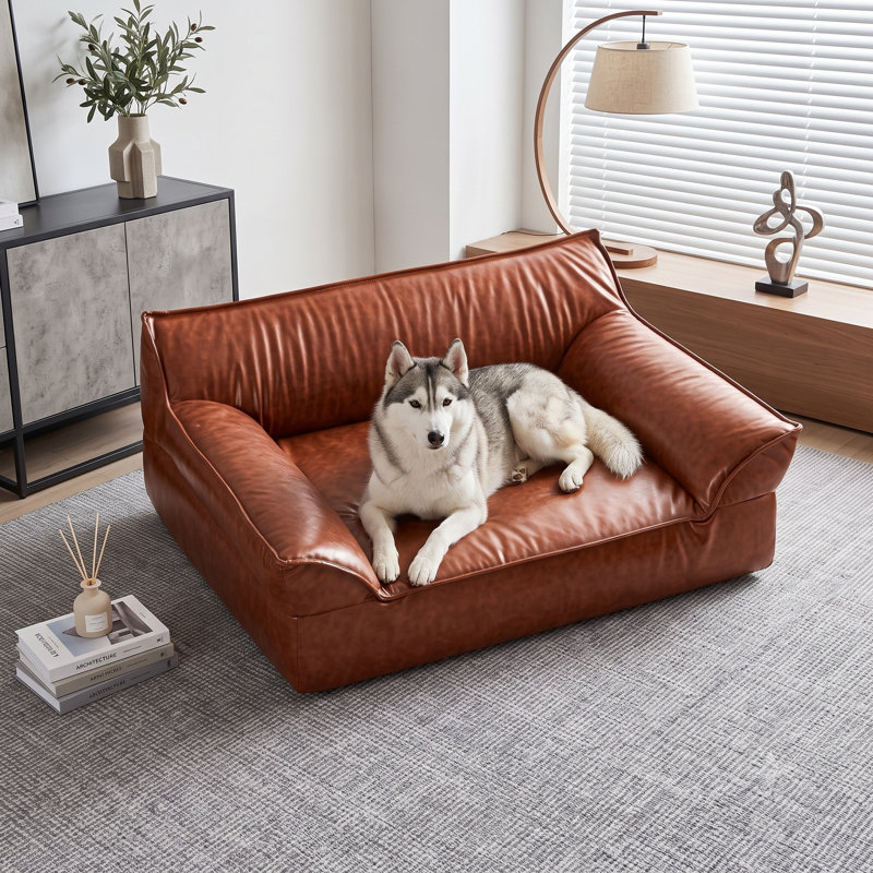 Canapé-lit de luxe en cuir brun pour animaux de compagnie, chaise longue d'intérieur pour chiens de taille moyenne et grande pesant jusqu'à 70 lb, meubles de repos faciles à entretenir