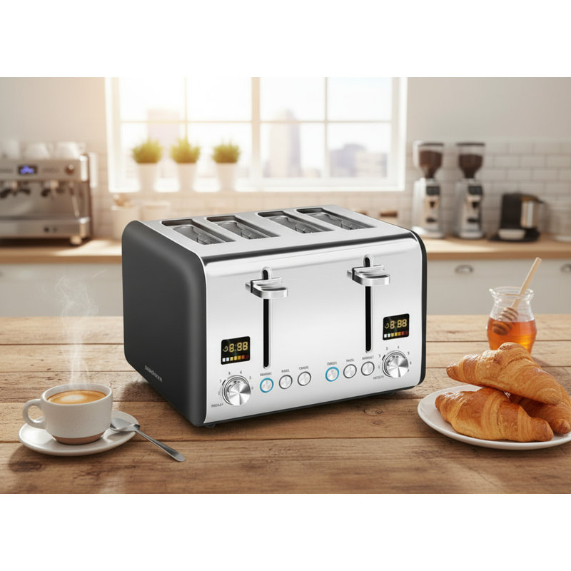 This Four-Piece Stainless Steel Toaster Features A Wide Slot Design, 7 Toasting Settings, A Color LCD Screen, And A Removable Crumb Tray, Making It Convenient And Practical.