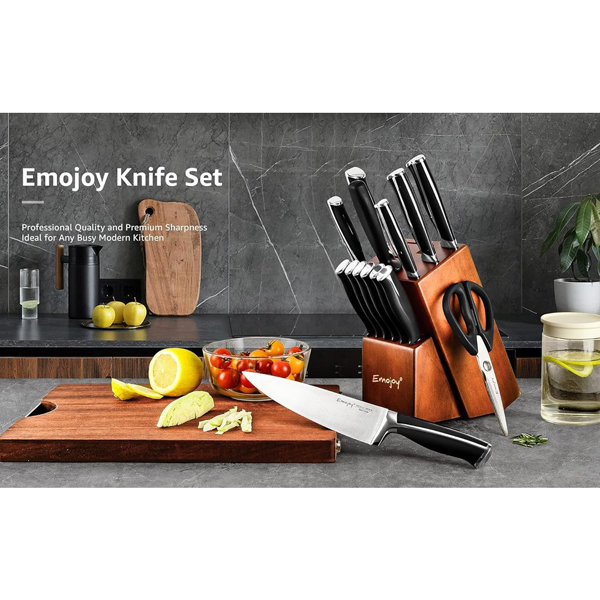 Emojoy Knife Set, 15-Piece Kitchen Knife Set with Block Wooden, Black Handle for Chef Knife Set, German Stainless Steel Cutlery Knife Set, Black Handl