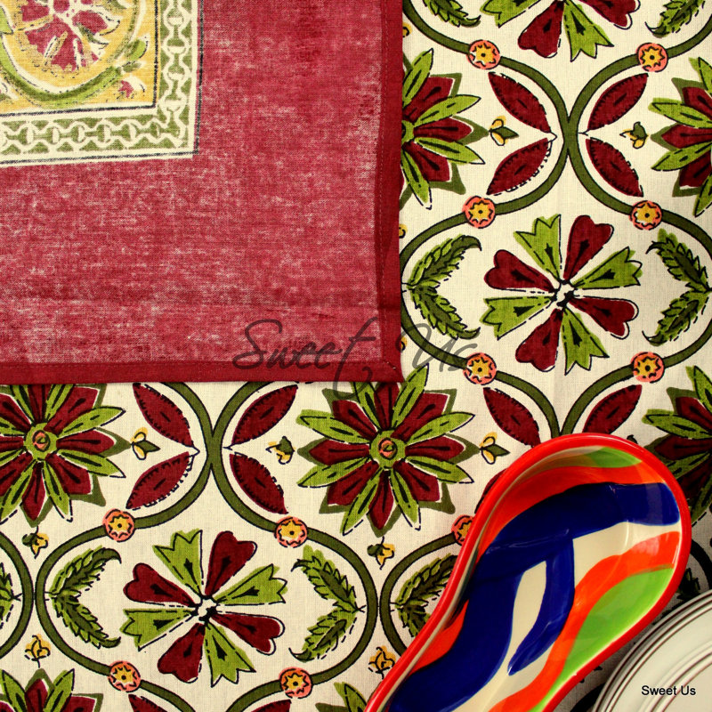 Floral Enchantment Rectangle Floral Cotton Tablecloth, Burgundy, 106''L x 106''W