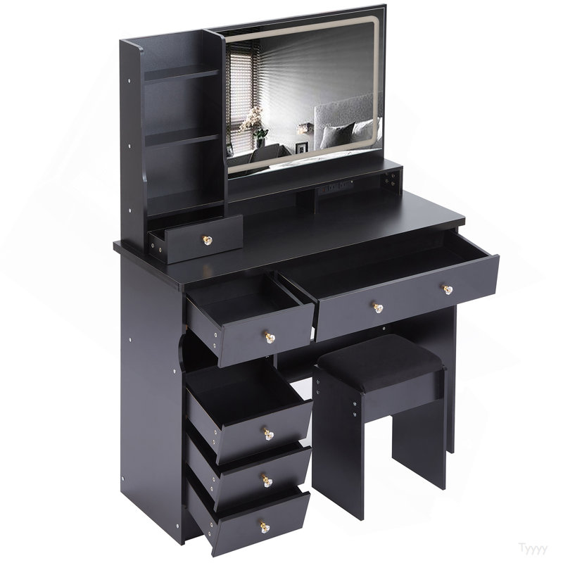 41" Large Size Left Drawer Desktop Vanity Table+Cushioned Stool Dresser Set, 2 AC+2 USB Power Station, Hair Dryer Stand, Extra Large Touch Control LED Mirror, 3-Color Switch, EPA, GCC, UL Certificate