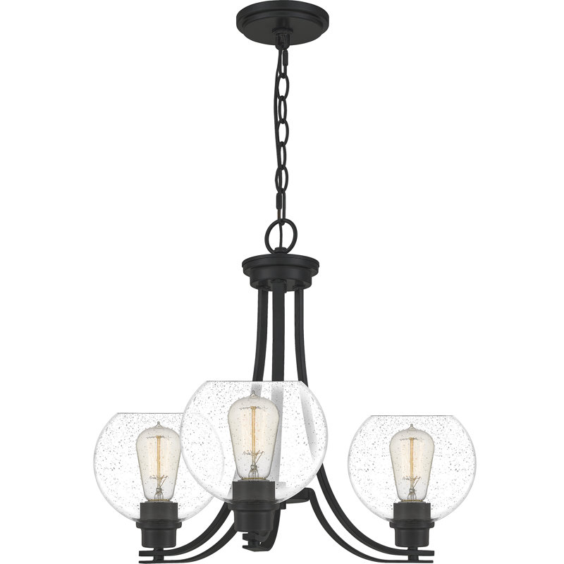 Gardiner 3 - Light Dimmable Geometric Chandelier, Matte Black, Seedy Glass, 17.5"H x 22"W x 22"D