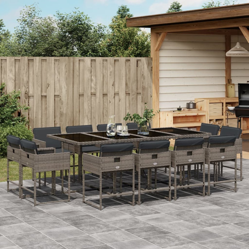  Ensemble de salle à manger de patio 12 places en poly rotin gris grand résistant aux rayons UV, Gris, Gris foncé
