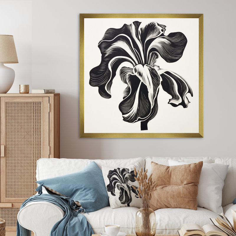 Fleur d'iris noir et blanc sur toile, H 24 po x l 24 po, Encadrement doré