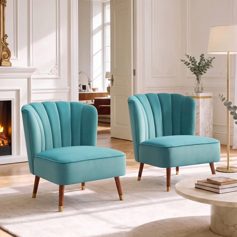 Chaise d'appoint moderne en velours avec dossier fleuri capitonné Channel (ensemble de 2), Sarcelle