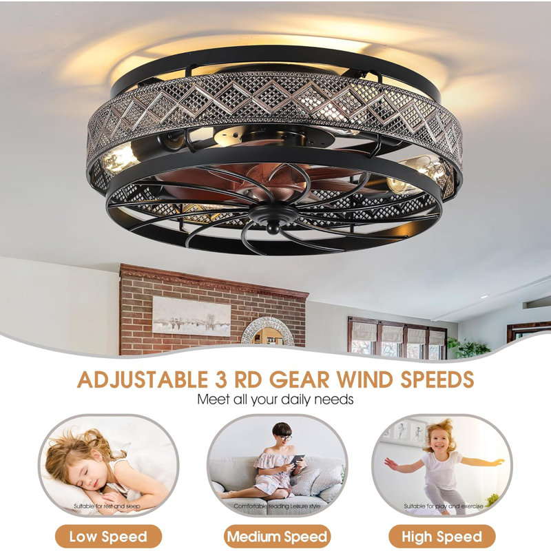 Low Profile Caged Ceiling Fans with Lights and Remote, Flush Mount Ceiling Fan with Light, Bedroom Fan, Small Industrial Black Ceiling Light Fixture, Reversible(Bulbs not Included)