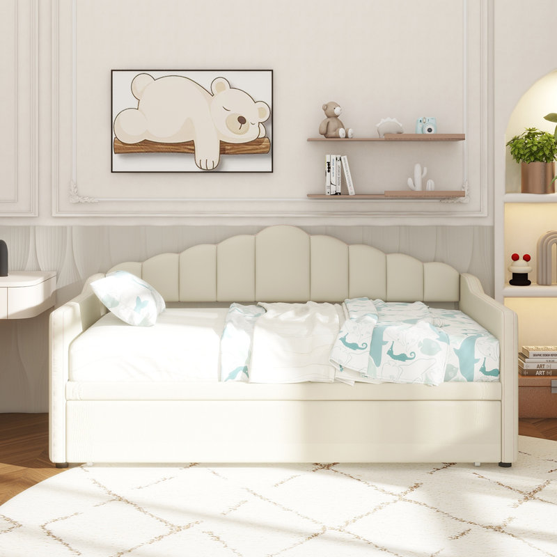 Lit de jour tapissier simple avec lit gigogne escamotable à hauteur réglable et port de charge USB et Type-C, structure de lit de jour avec 2 poches latérales, aucun sommier nécessaire, beige