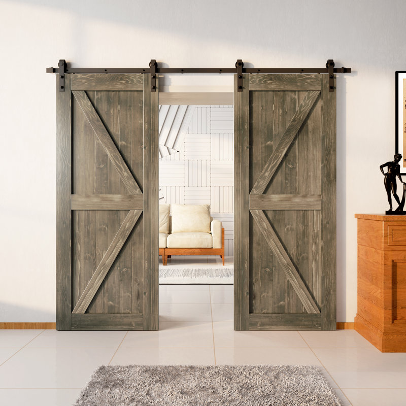 Porte en bois de pin K Design non assemblé avec quincaillerie d'installation rustique noire à deux portes, Gris classique