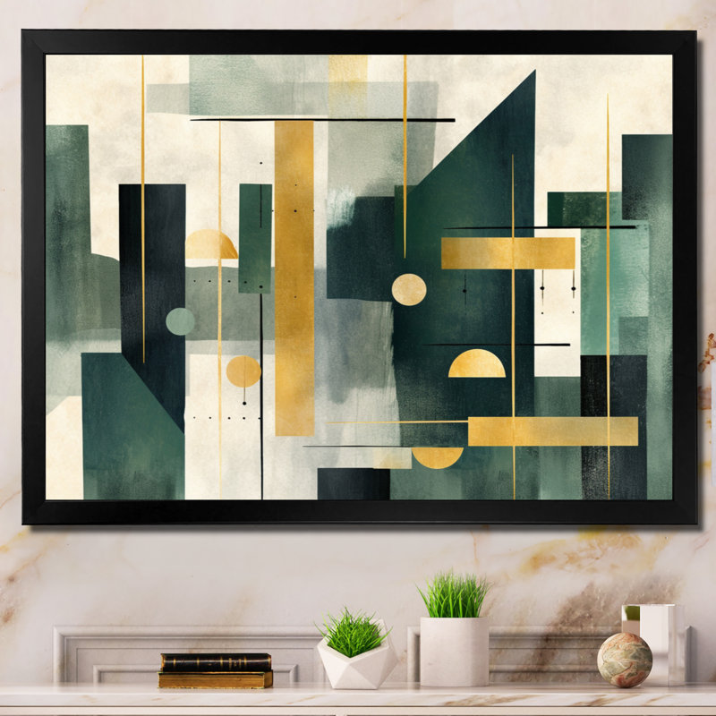 «Gold Green Parallel Universes - Abstract Shapes», art mural, H 12 po x l 20 po x P 1 po, Cadre simple noir