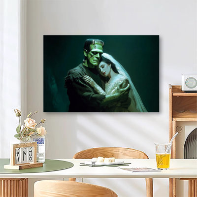 Large Gallery Wrapped Canvas Wall Art Print, Frankenstein's Monster and Bride in White Gown Art for Living Room & Bedroom