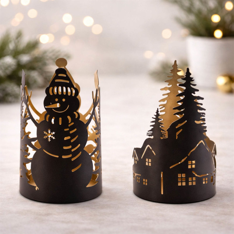 Cut Metal Snowman and Cabin Candle Holder