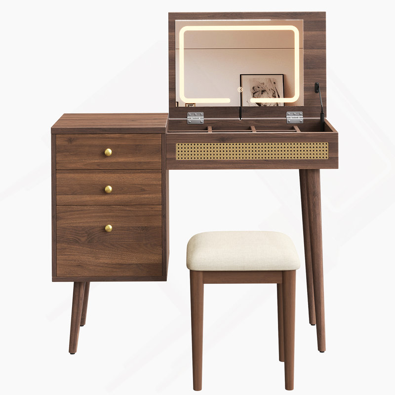 39 Inch Retro Bohemian Style Vanity Desk With Mirror, LED Lights, And Storage, Perfect For Makeup And Small Spaces