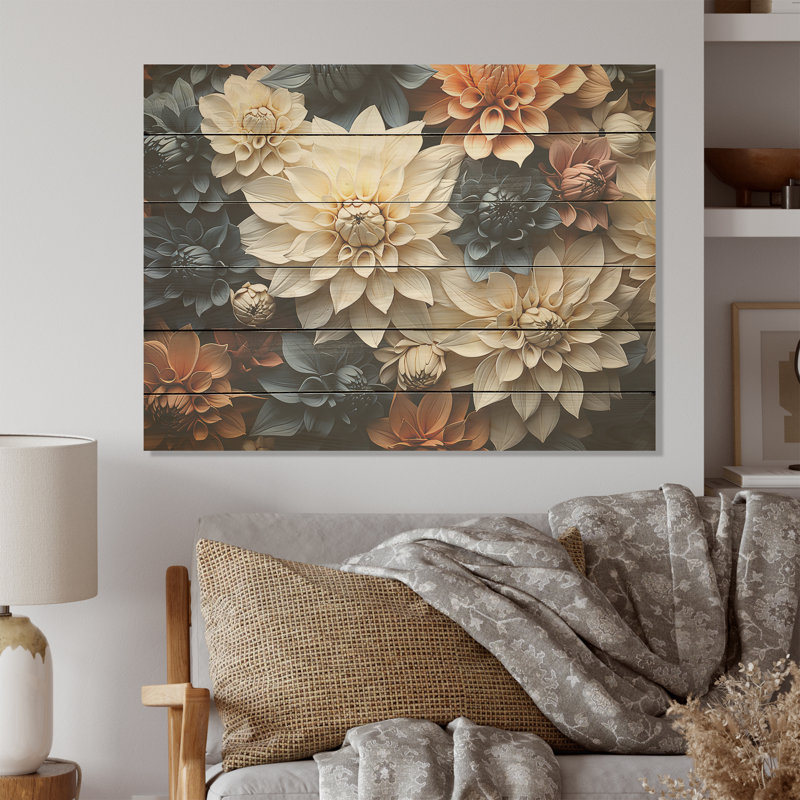 Mums In Stormy Grey Tones - Mums Wood Art On Natural Pine Wood, 10" H x 20" W