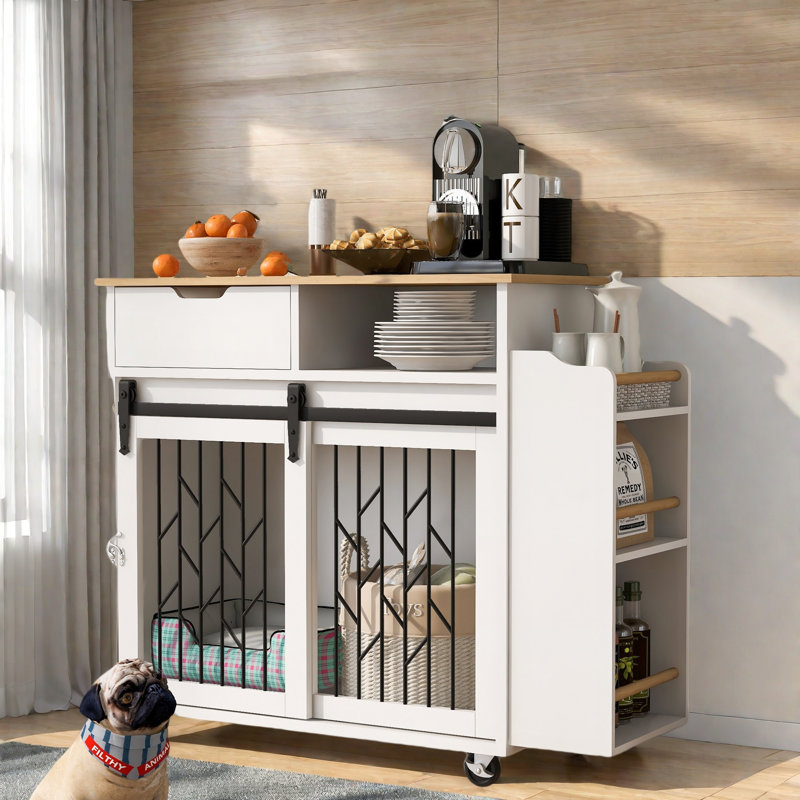 Îlot de cuisine mobile moderne avec un tiroir, une armoire avec portes coulissantes, une tablette ouverte, des tablettes latérales et un abattant