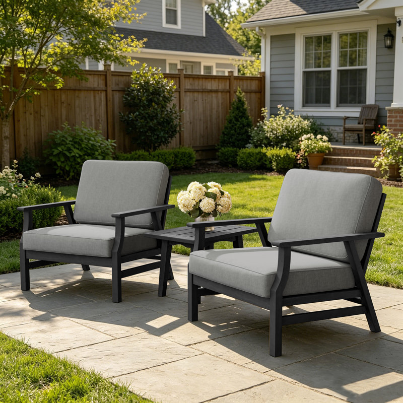 Shweta Solid Wood Outdoor Three Pieces Chair Conversation Seating Group With Cushions And Side Table, Gray, Black