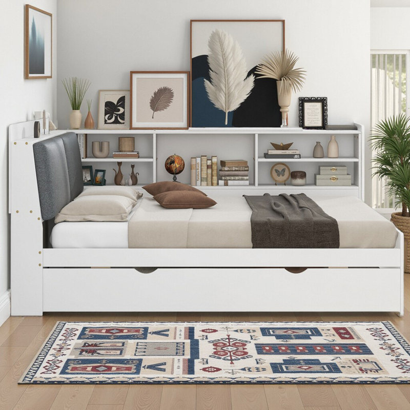 Lit plateforme multifonctionnel rembourré avec lit gigogne et tablettes de rangement intelligentes, Blanc