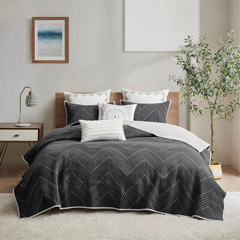 Ensemble de courtepointe en coton brodé 3 pièces noir / grand, Courtepointe double / grand + 1 taie décorative, Noir