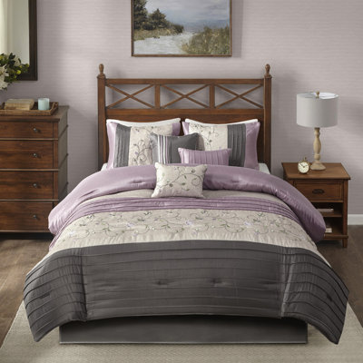Purple King Bedding With Embroidery, 7 Piece , , Comprises Comforter, Shams, Pillows, Bed Skirt, Machine Washable Size Comforter In Purple, Embroidery Ornamentation, Fabric, Filling, Includes 1 2 3