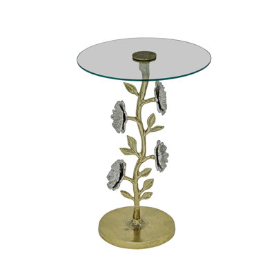 Table de bout sculpturale dorée en aluminium avec plateau en verre transparent et table de bout sculpturale