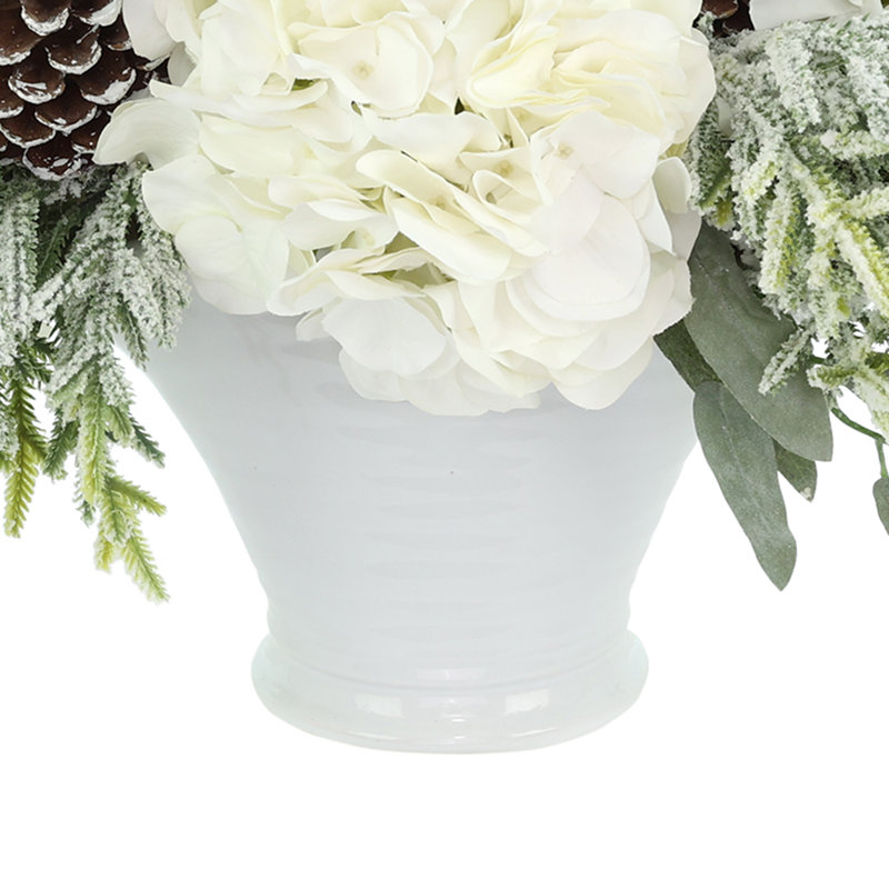 Holiday Arrangement with Sage, Hydrangeas and Pinecones