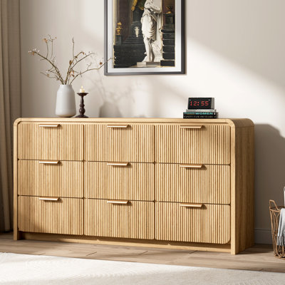 Commode 9 tiroirs pour chambre à coucher, commode de rangement moderne l 57 po avec bord incurvé