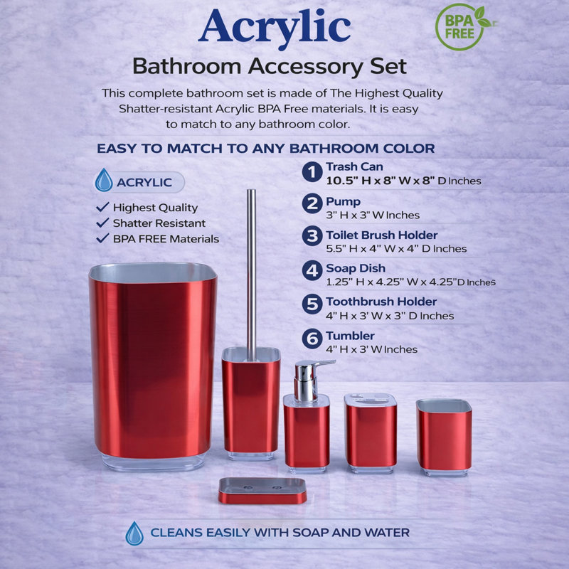 6-piece Acrylic Bathroom Accessory Set With Trash Can & Soap Pump