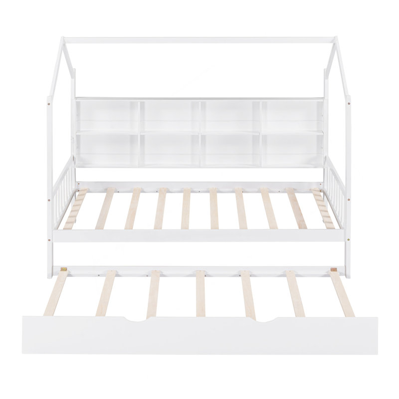 Lit simple en bois avec lit gigogne en bois, lit pour enfant avec tablette, blanc
