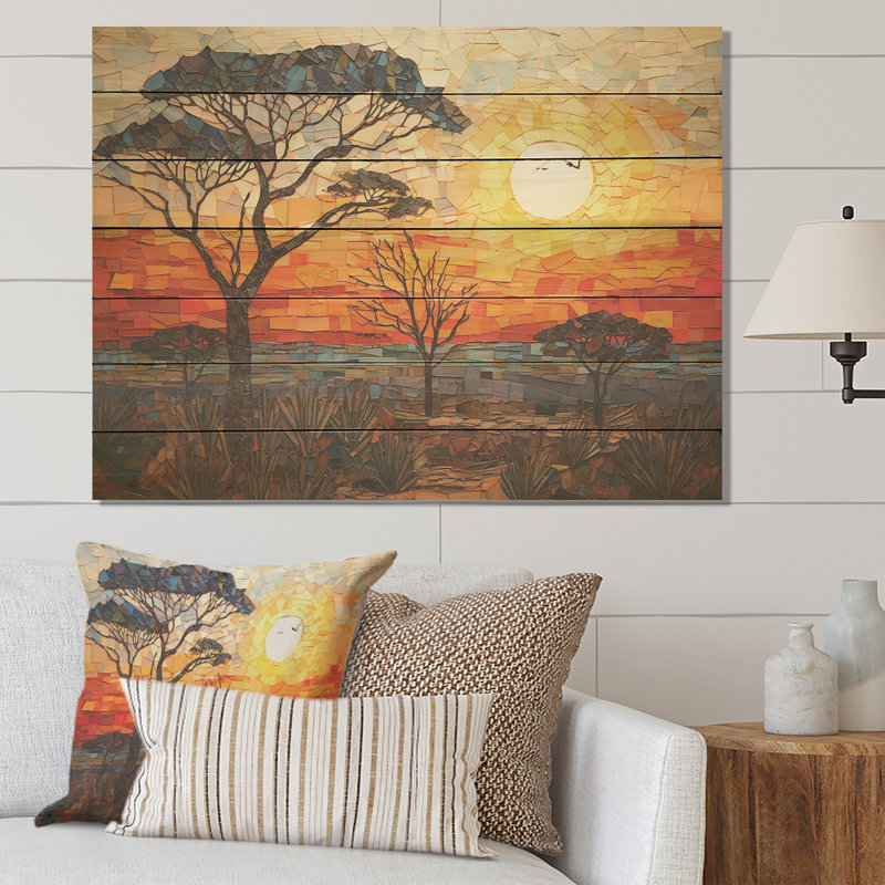 Savannah Sunset in African Safari Hues I - mosaïque bohème sur bois, H 30 po x l 40 po