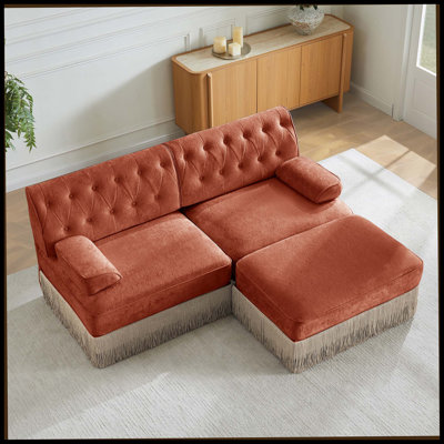 Tissu de velours confortable en L respirant, canapé Chesterfield à jupe de pampille, combinaison libre, accoudoirs carrés légèrement courbés, base en bois de qualité supérieure, facile à assembler, pour le salon, la chambre à coucher, brun rouge
