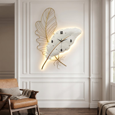 Feather Wall Clock With Led Light, Modern Luxury Metal Art Wall Clock, Silent Non-ticking Wall Sculpture For Living Room, Bedroom & Office