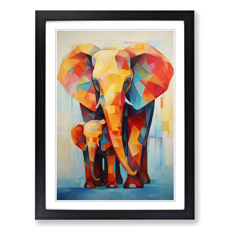 Elephant Cubism - Single Picture Frame Print on Wood, Black, 64cm H x 46cm W x 2cm D
