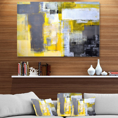 Art abstrait sur toile abstraite, impression moderne flou jaune et gris - Abstrait flou gris et jaune