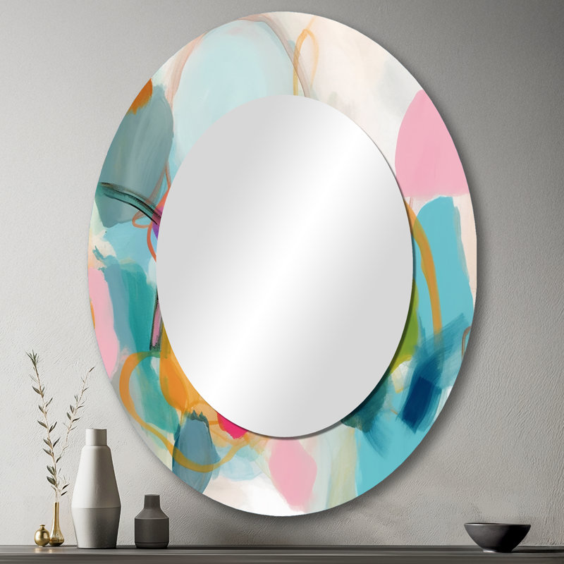 Pink Blue Minimalims Fludity V - Modern Oval Wall Mirror, 43" x 33"