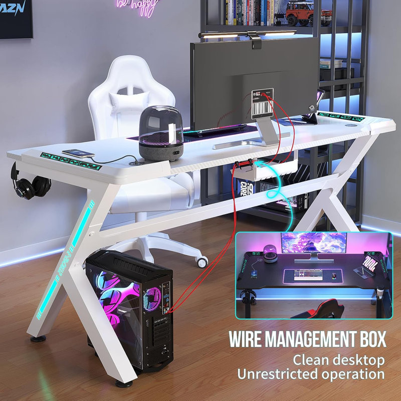 Table d'ordinateur Gaming, H 29,5 po x l 55 po x P 23,6 po , Blanc