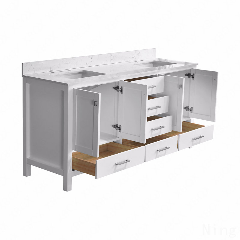 Meuble-lavabo autoportant à double cuve avec comptoir, armoire de rangement en bois massif, Blanc, 72"