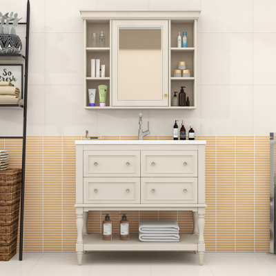 Wood Single Bathroom Vanity Set with Resin Sink and Mirrored Cabinet for Bathroom