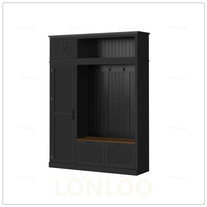 3-in-1 Hall Tree with Overhead Storage, Adjustable Shelves, Heavy-Duty Hooks, Spacious Drawers, and Grooved Back Panel for Entryway Organization