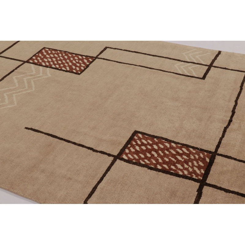 Tapis de style Art déco français brun et beige avec motifs géométriques