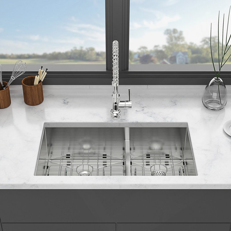 Évier de cuisine encastré à double cuve 60/40 de 33 pouces avec cuves profondes et technologie de drain silencieux
