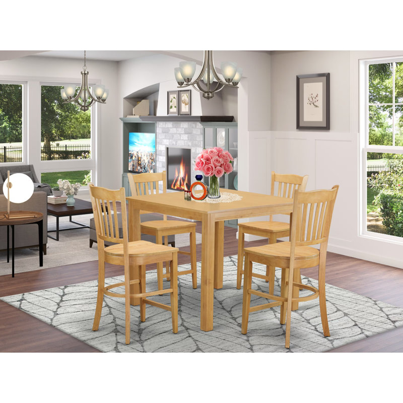 5 Piece Kitchen Counter Height Dining Table Set Includes a Square Dining Room Table and 4 Wooden Seat Chairs, Oak