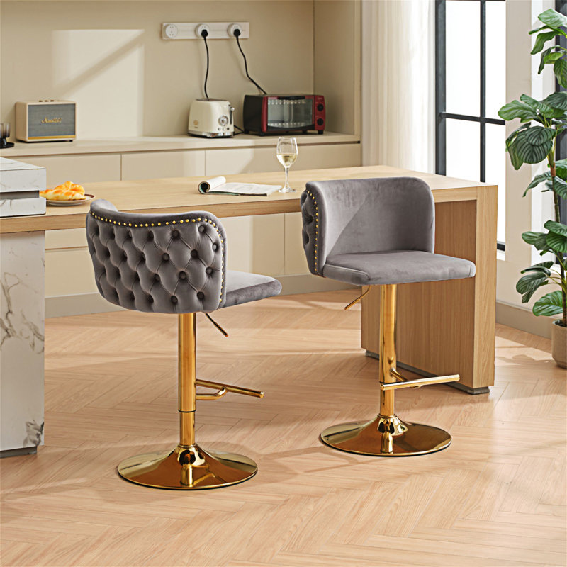 wendeway ,Swivel Barstools Adjusatble Seat Height With Gold-plating Base, Classic Velvet Upholstered Bar Stools with the whole Back Tufted (Set of 2)