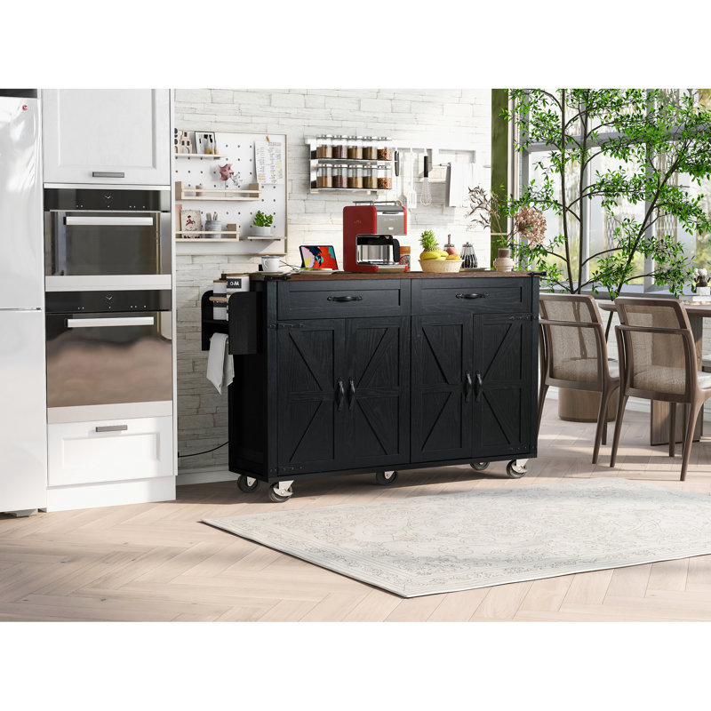 53.5'' Kitchen Island With Drop Leaf, Power Supply, Rolling Cart, 53.5''W X 29.2''D 36.5''H, Black For And Dining Area Style Socket, 2 Drawers, 29.2'' 36.5'',