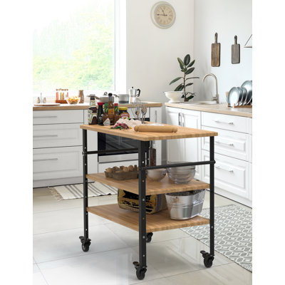 Table de cuisson à pizza robuste en bambou – Chariot barbecue extérieur à 3 étagères, hauteur réglable, capacité de 300 kg, roues métalliques – Couleur bois – Poste de préparation et de repas pour barbecue